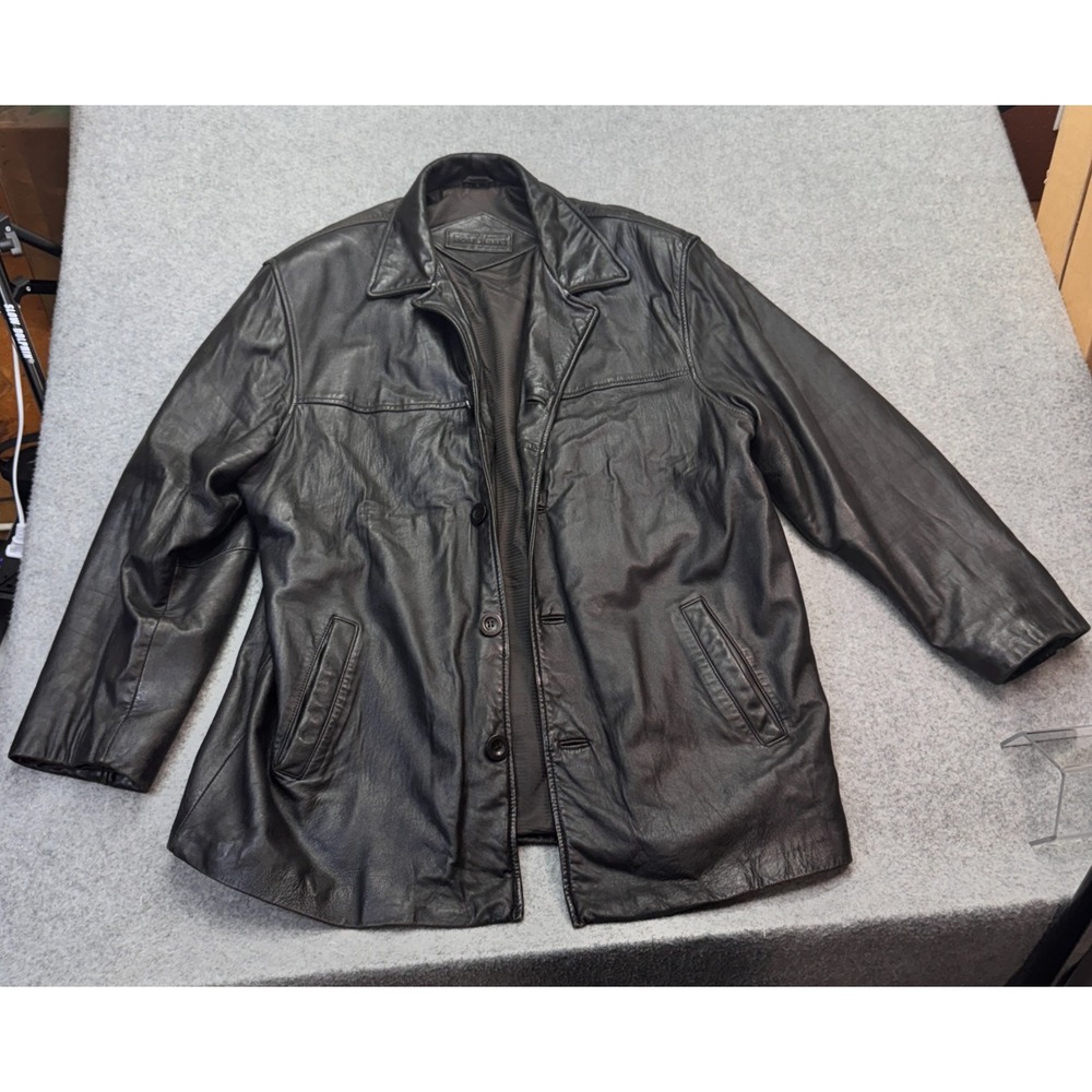 Bostonian Men's Genuine Leather Jacket Black Size L Button Front Mid-Length Coat